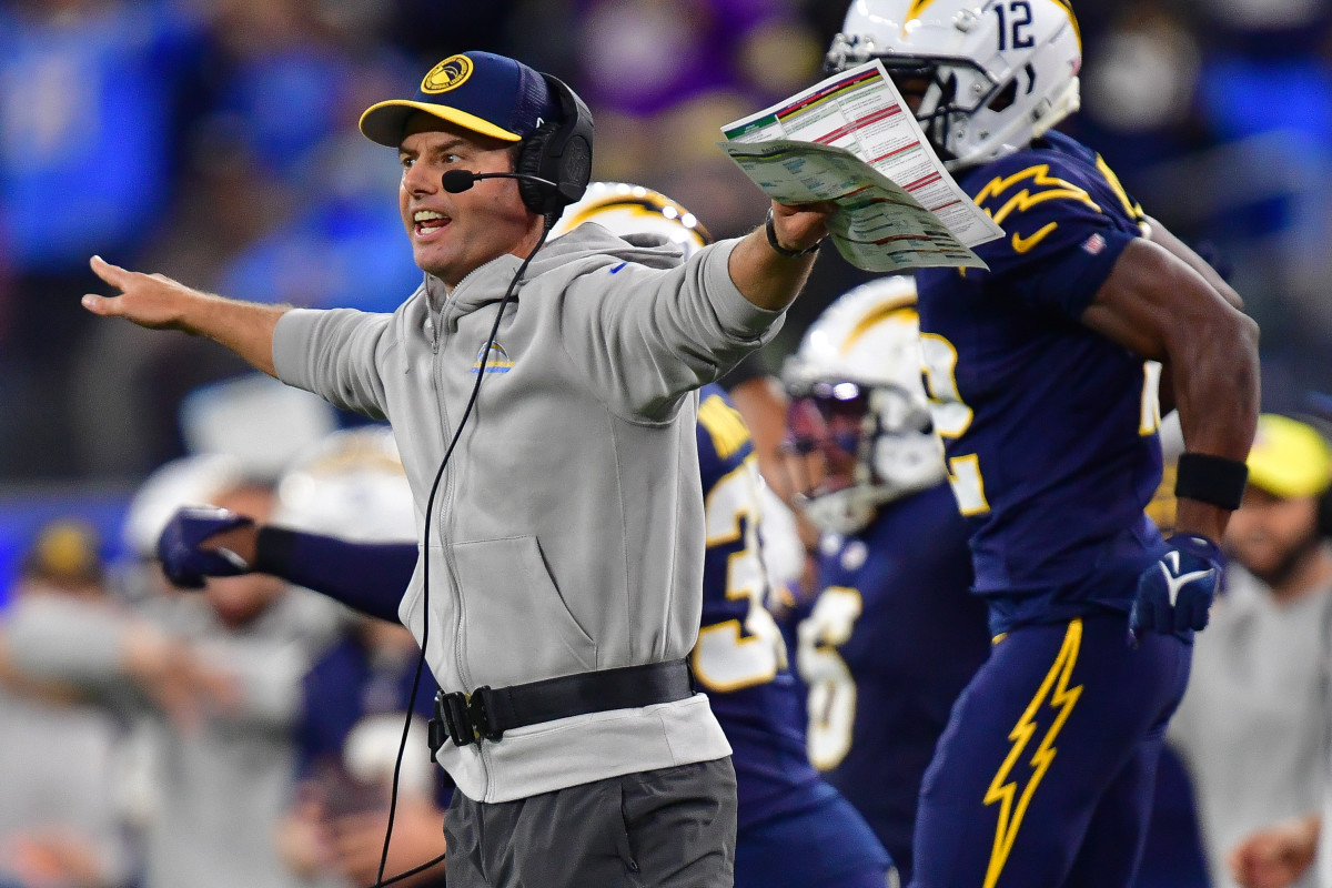 Nov 26, 2023; Inglewood, California, USA; Los Angeles Chargers head coach Brandon Staley reacts after Baltimore Ravens place kicker Justin Tucker (9) misses a field goal kick during the second half at SoFi Stadium.